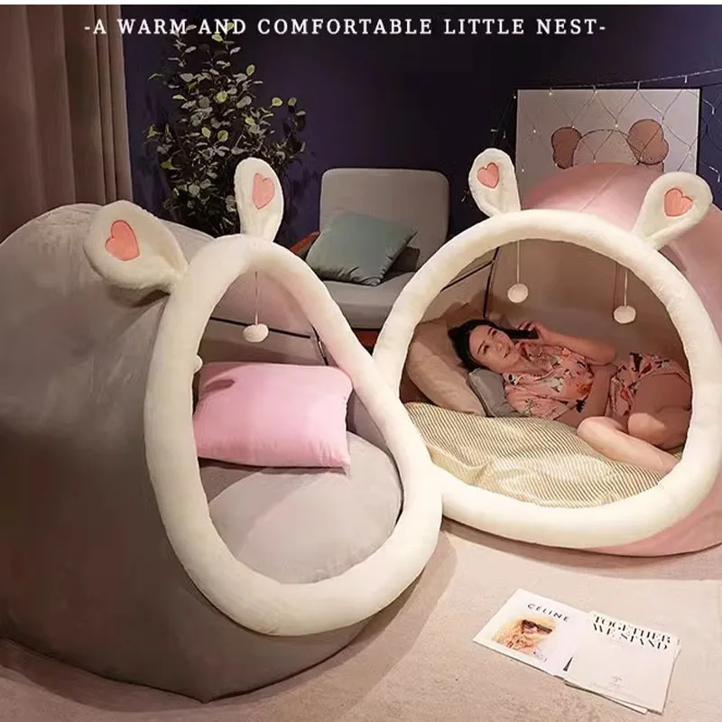 Oversized Cartoon Plush Human Cave Bed Foldable Indoor Outdoor Cozy Lounge Tent with Cute Ear Decor for Reading Gaming Rest