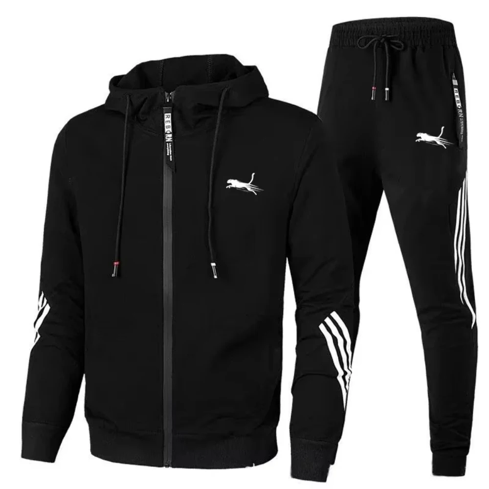 2024 New Trendy Casual Men\'s Hoodie and Trousers Two-piece Sportswear Suit Zippered Hooded Sweatshirt Sweatpants