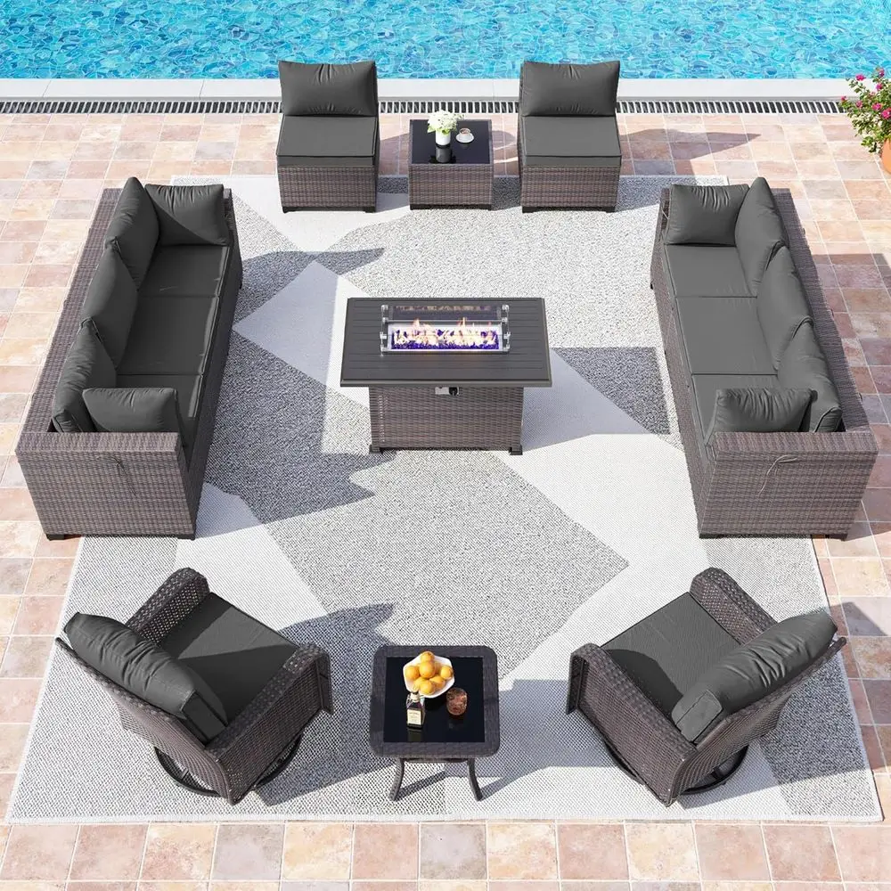 

13-Piece Outdoor Patio Furniture Set with 43 Gas Propane Fire Pit Table and PE Rattan Wicker Sectional, Swivel Rocking Chairs in