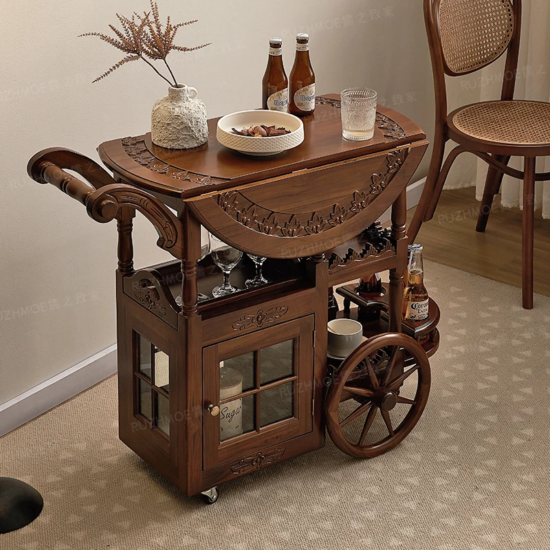Susu's same American dining car hand push all solid wood household double storage cart mobile living room coffee table