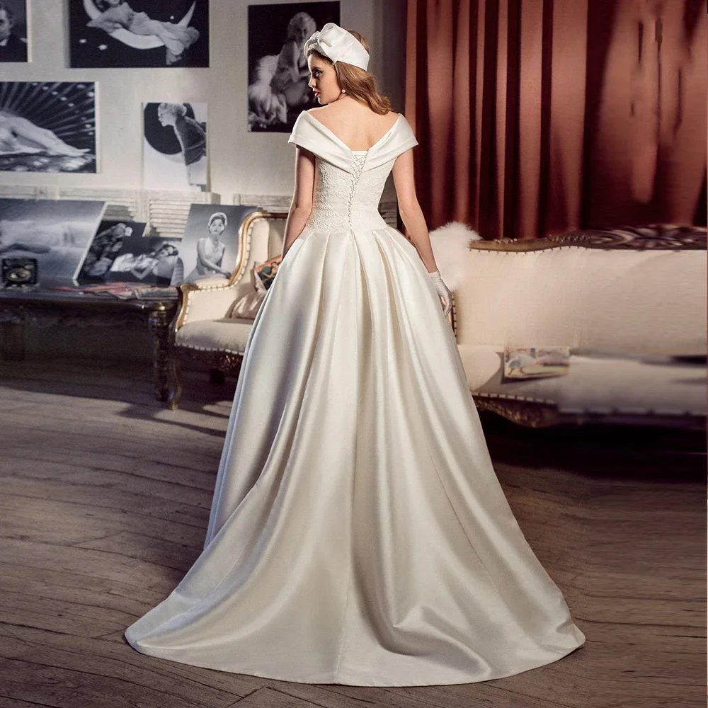 Vestidos De Novia elegantes con hombros descubiertos, corte en A, apliques con cuello en V, sin mangas, satén, personalizados, con cordones, Vestidos De Novia