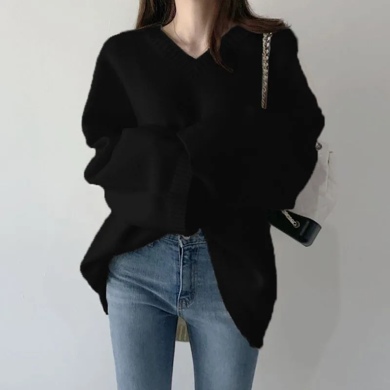 Large Size Loose V-neck Sweater Women Autumn Winter Korean Office Lady Solid Color Knitwear Simplicity All-match Knitting Tops