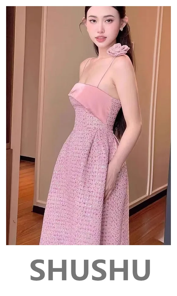 Luxury Niche Pink Tweed Suspender Dress Women Autumn New High-end Temperament Sweet Gentle Birthday Party Dress Robe Vestidos