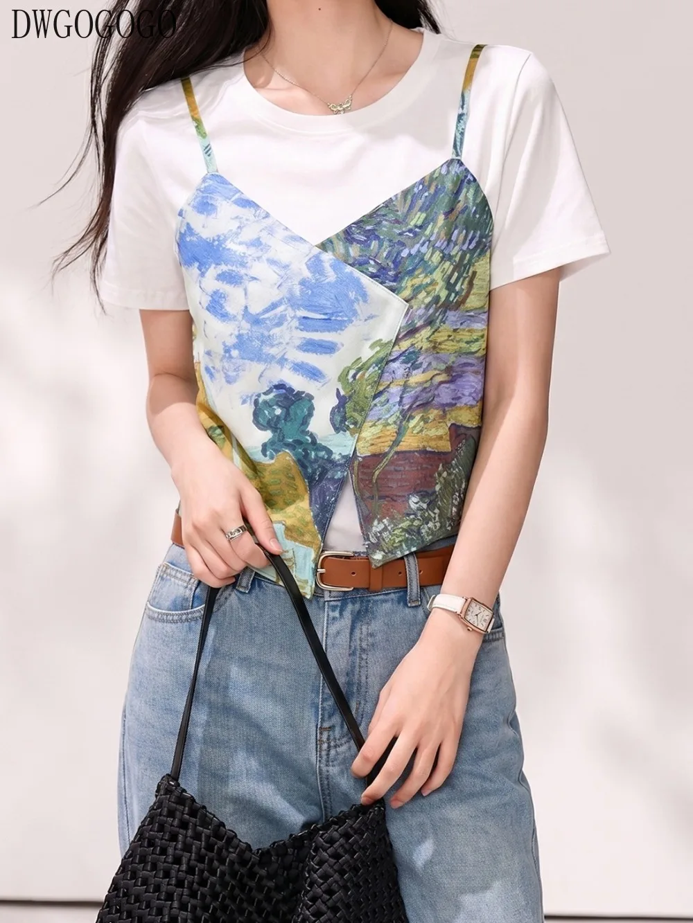 RetroOil Painting Style Fashion T-Shirt, Sweet Women's Mock Two-Piece Irregular Top Summer Short Sleeve Tee, Korean Street Style