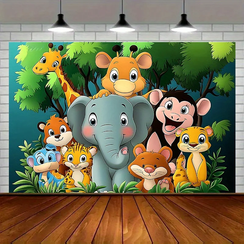 1 Tierparty – Heller Dschungel-Hintergrundstoff mit Cartoon-Giraffe-, Affen-, Elefanten- und Tiger-Geburtstagsparty-Dekorationen