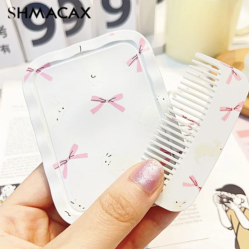 White Rabbit Bow Flip-Top Folding Makeup Mirror Portable Pocket Mirror Women Rectangle Cosmetic Make Up Mirror With Comb