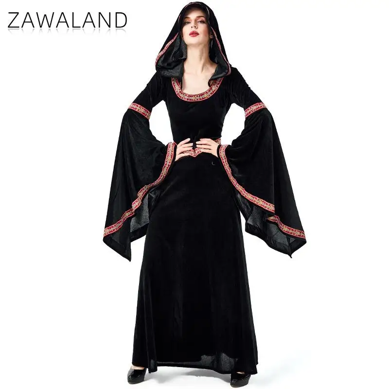 Zawaland Witch Dress for Women Halloween Gothic Costume with Dramatic Bell Sleeves Robe Adult Party Dresses Elegant Pagan Cloak