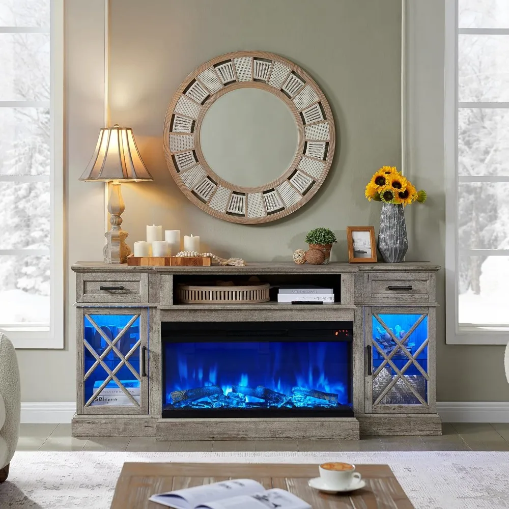 

70'' TV Stand with 36'' Electric Fireplace,Media Entertainment Center for TVs Up to 80'',Modern Farmhouse 3-Sided Glass TV Stand