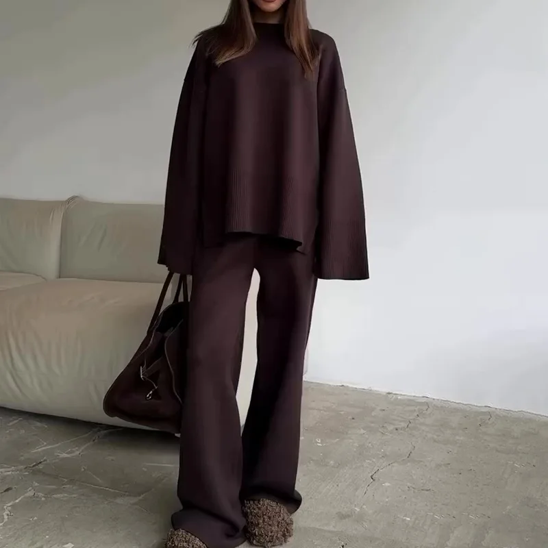 

Women's Clothing 2025 Autumn New Solid Color Round Neck Fashion Casual Wide Leg Pants Sweater Suit Female
