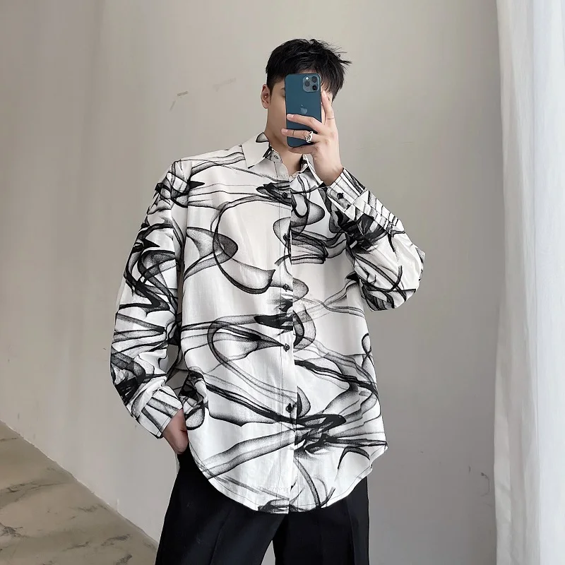 

Летняя свободная рубашка с длинными рукавами и граффити Tie Dye, мужская универсальная повседневная уличная одежда, смокинг для вечеринок, блузка, мужская одежда