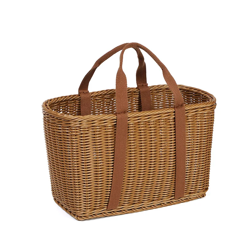 Japanese Hand Woven Picnic Basket Imitation Rattan Large Shopping Baskets Fruit Vegetable Storage Basket with Handle