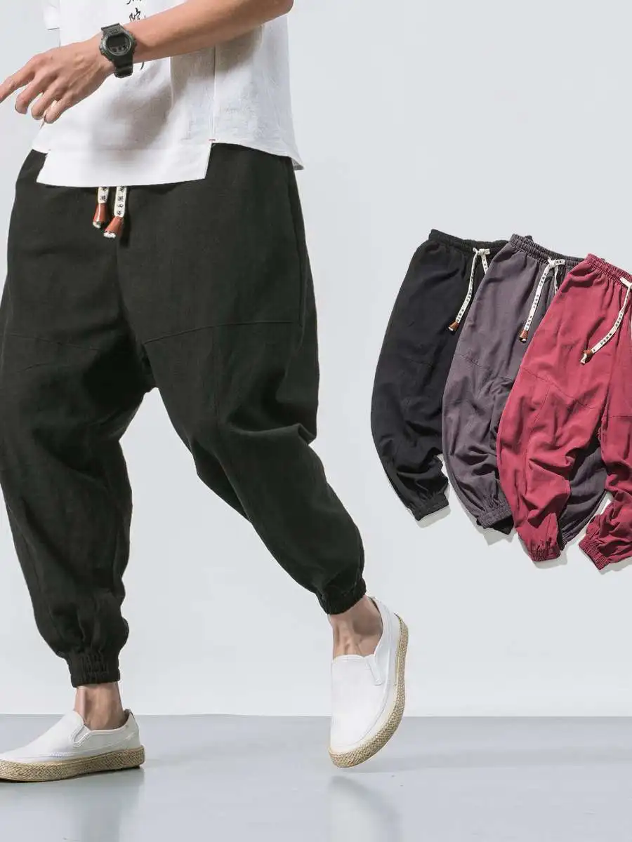 

Новые мужские повседневные свободные длинные брюки из хлопка и льна, весна-лето, винтажный стиль, на шнурке, со средней посадкой, утепленные флисом