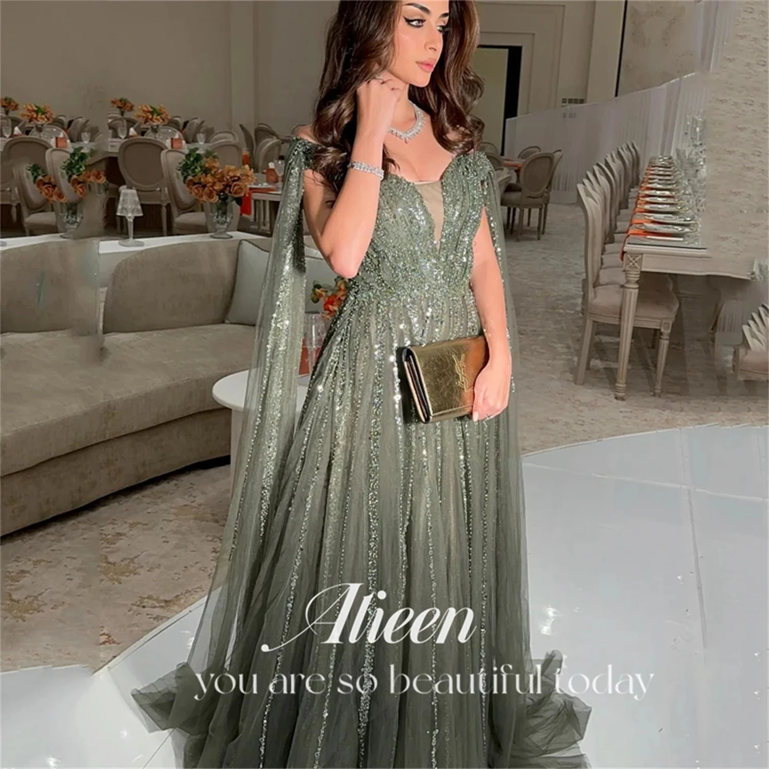 Aileen Grey Bead Embroidery Stripes Luxury Long Party Dresses Women Evening Dress Woman customized Elegant Gala Women\'s Wedding