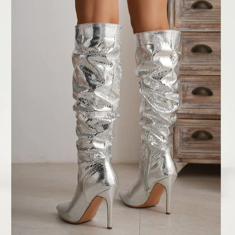 Eilyken Street Style Silver Women Knee High Boots Sexy Pointed Toe Thin High Heels Long Side Zipper Female Shoes