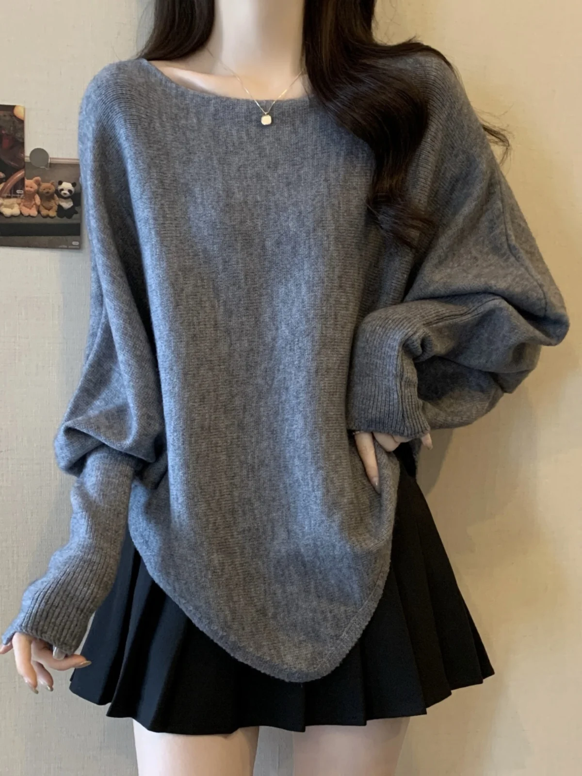 

ay Knitted Sweater Asymmetrical Batwing Sve Women's Autumn Winter plus Size Casual Comfortable Polyester V-Ne Top