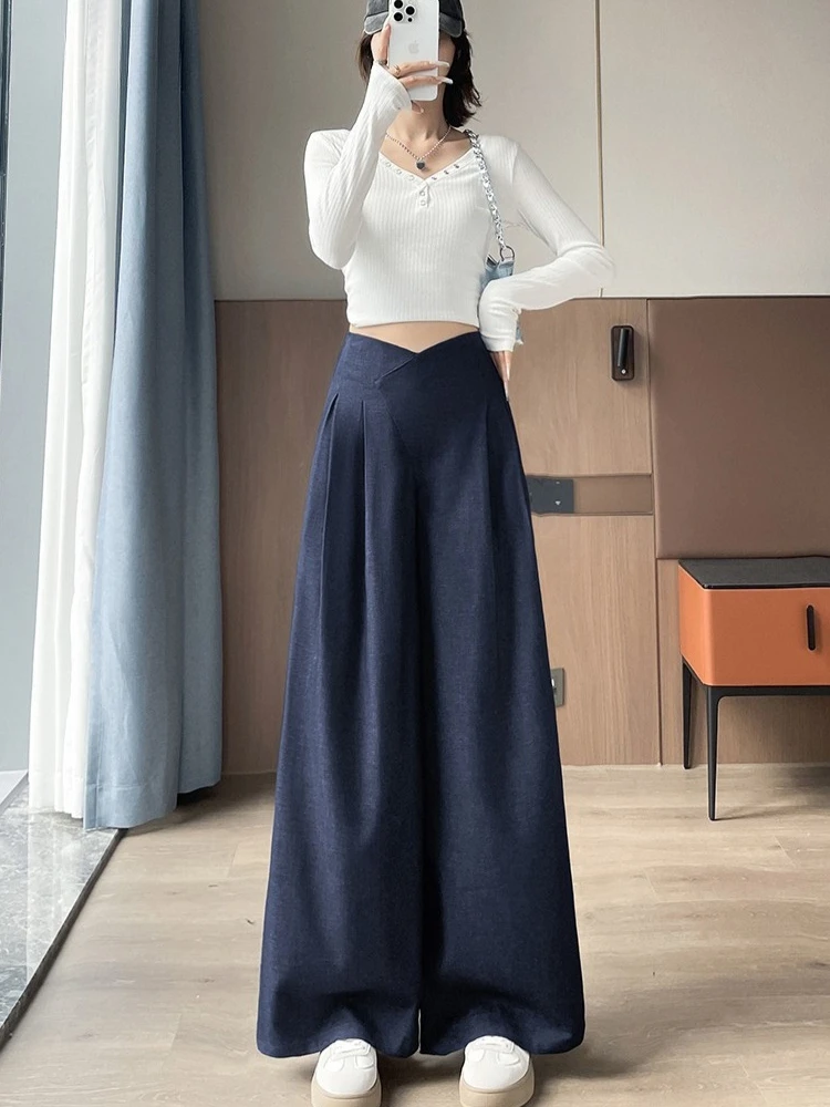 

Old money style imitation denim wide leg pants women in early autumn fashion Maillard lazy drape casual suit pants