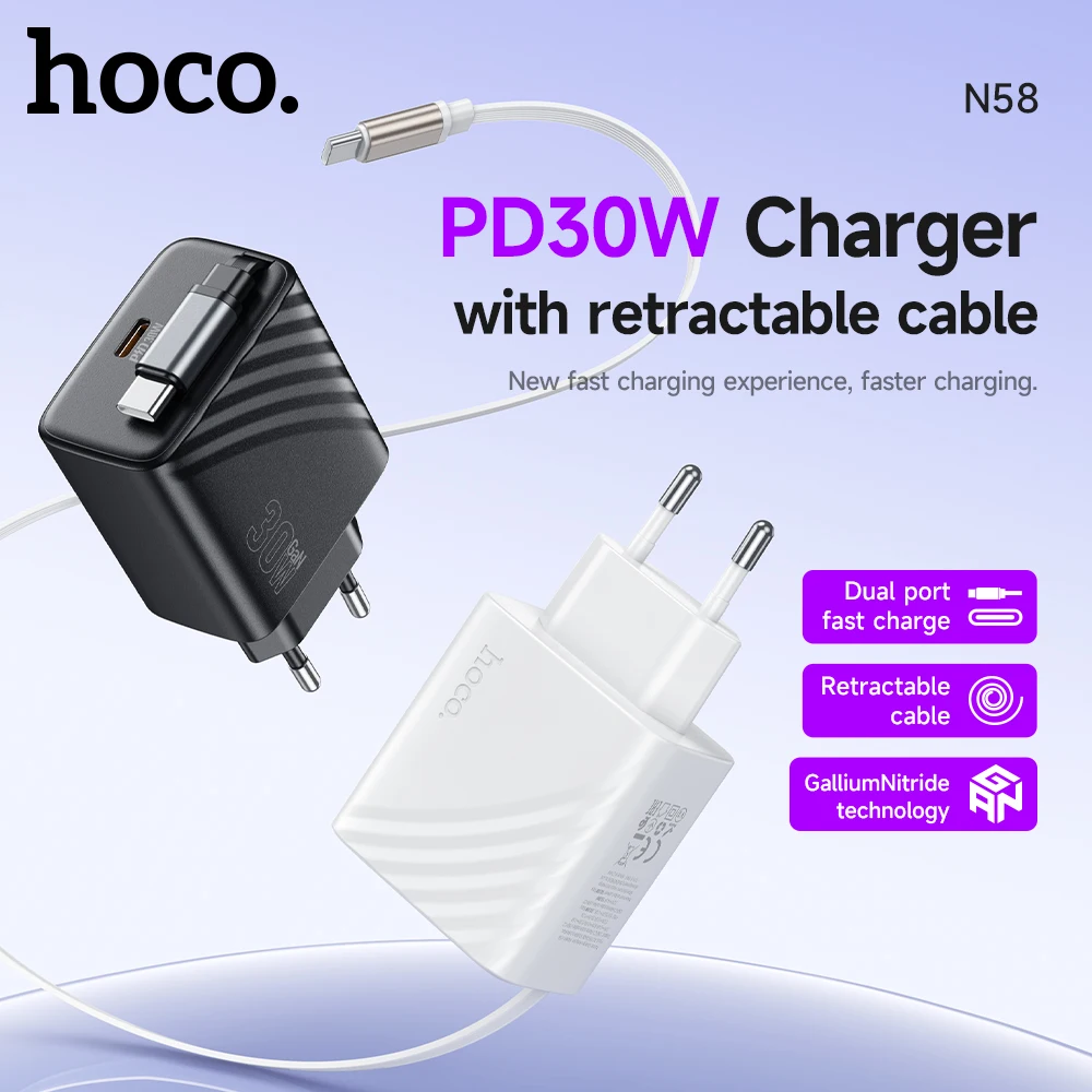 

HOCO USB C GaN30W Fast Charging Charger For iPhone 16/15 Pro Max EU Adapter with Magantic Retractable Cable For Samsung S23 S24