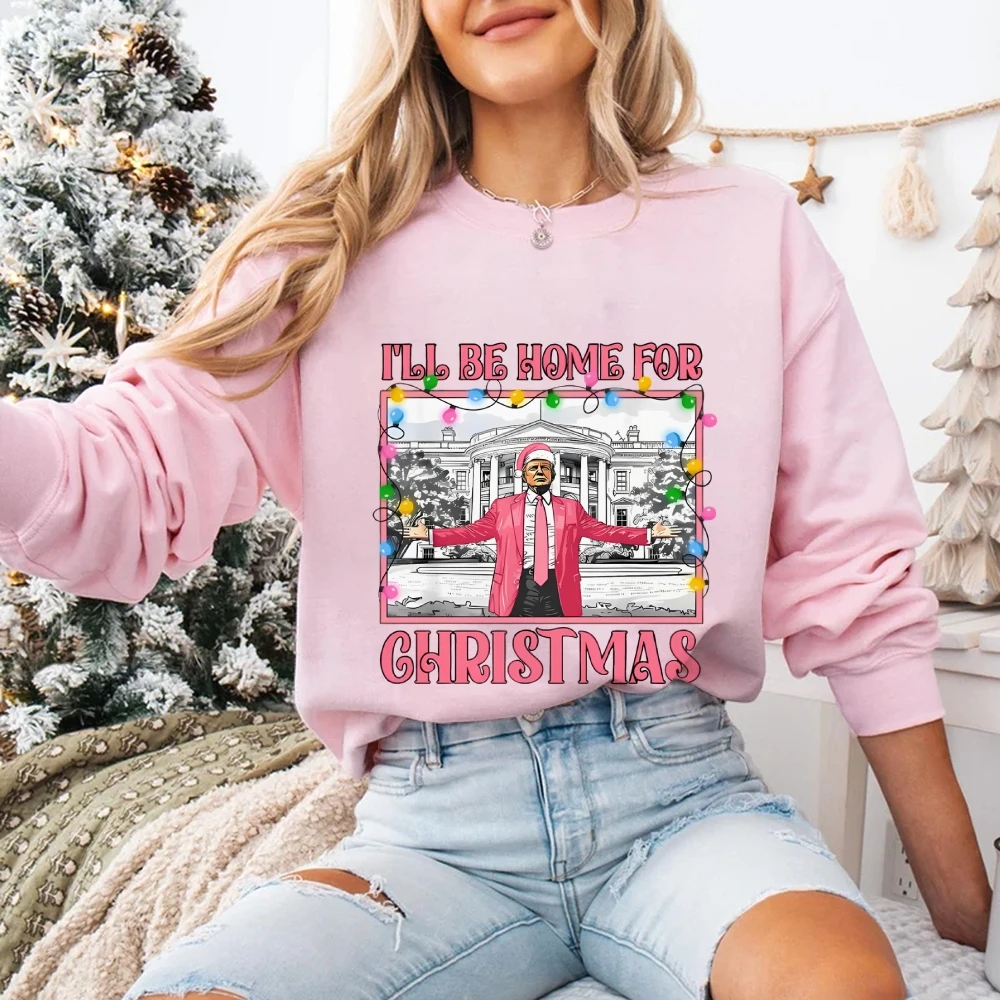 I'll be Home Top damski Trump Character Print Christmas Style Unisex Bluza z kapturem Bluza codzienna Modny długi rękaw