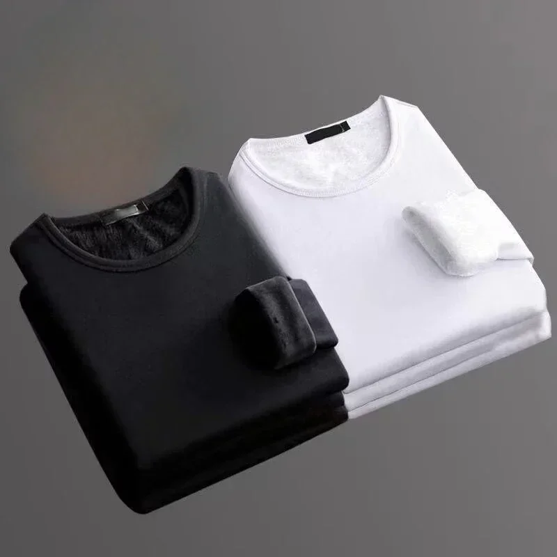 2 pcs Men Thickening Thermal Underwer Warm Tops Long Sleeve Fleece Round Neck Fashion Men Winter Thermal Underwer Plus Clothing