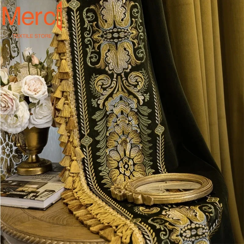 

High-End American-European Style Velvet Lace Curtain Golden Embroidery Luxury Villa Living Room Bedroom Décor Customizable