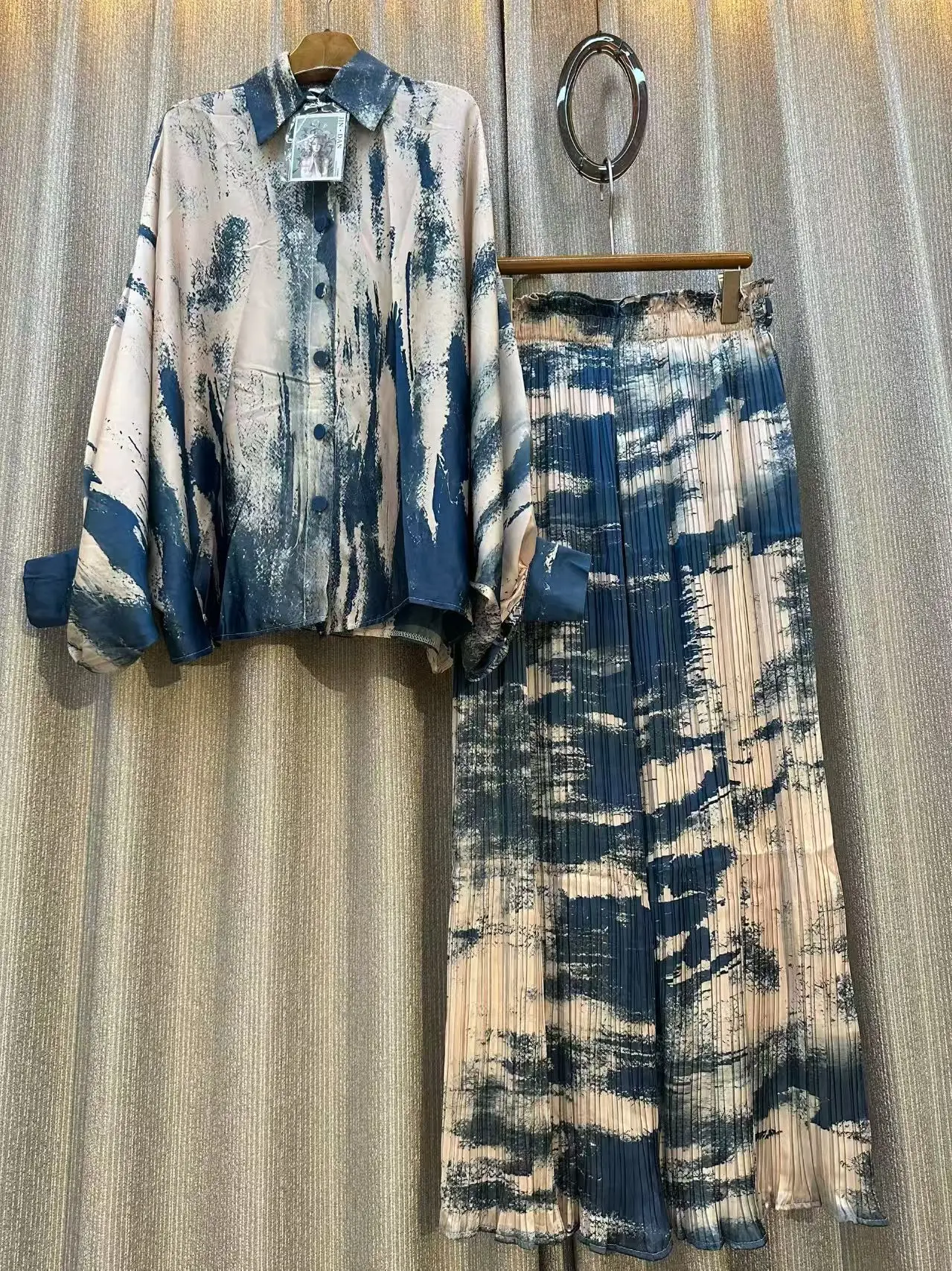 Herbst Grau Floral Zwei Stück Set Frauen Muslime Kleidung Pocelain Jacke Shirts Elastische Taille Breite Bein Lange Hosen 2 stücke Outfits