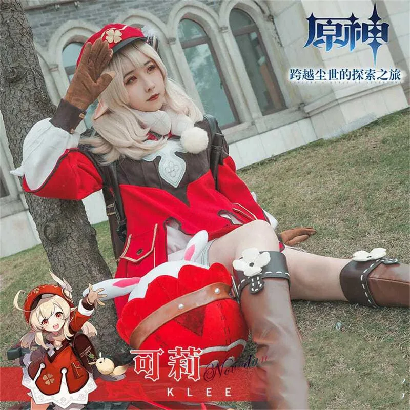 

dd12Klee Kids Costume Anime Game GenshinImpact Cosplay For Child Girl Dress Backpack Wig Halloween Party Outift Plus Siz