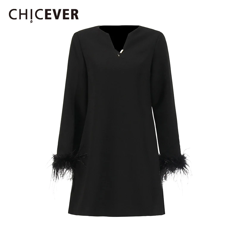 

CHICEVER Loose Solid Temperament Dresses for Women Round Neck Long Sleeves Patchwork Feather Fashion Dress Female Clothing New