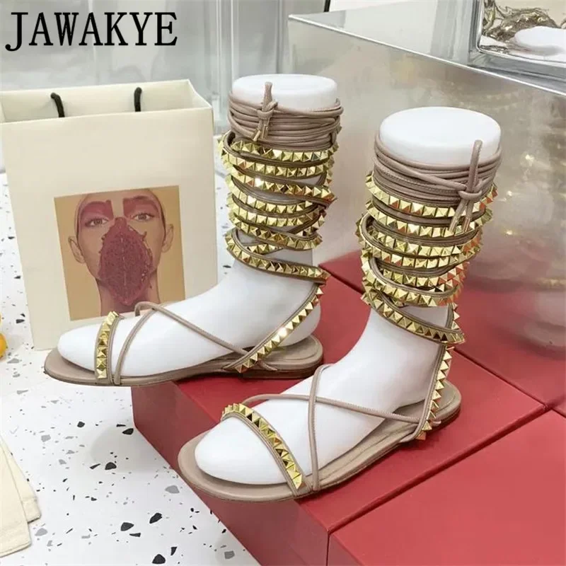 

2022 New Arrival Gladiator Sandals Cross Tied T-show Party Runway Shoes Studed Narrow Band Bohemian Summer Beach Shoes Women