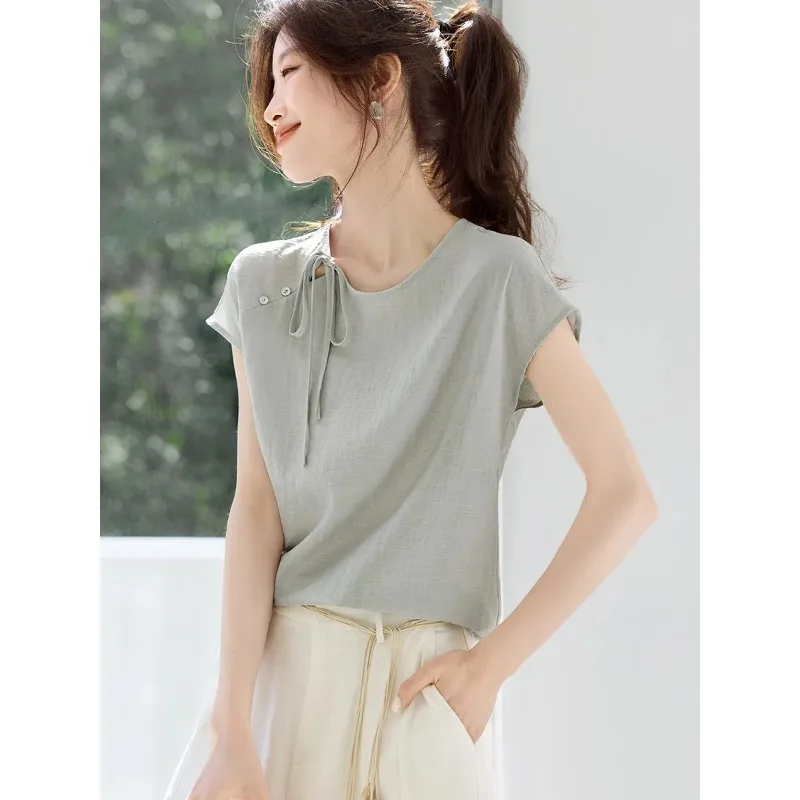 

Women's Round Neck Blouse Tie Detail Short Sleeve Casual Lightweight Summer Shirt