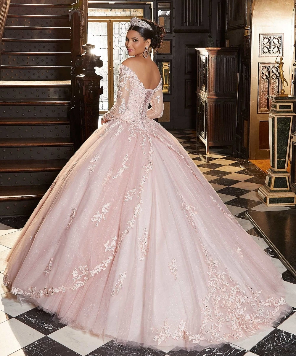 EVLAST-vestido De Quinceañera De manga larga De encaje con purpurina, 2024, apliques florales en 3D, cuentas dulces, 16 Vestidos De 15 Años, TQD147