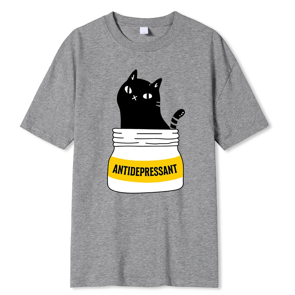 Black Cat Eat Antidepressant Funny Print Men T Shirt Fashion Oversize T-Shirt High Quality Cotton T-Shirts Summer Short Sleeve