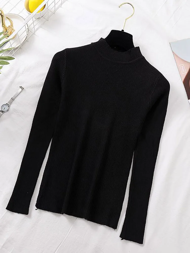 JMPRS Autumn Women Pullover Sweater Fashion Half Turtleneck Knitted Female Jumper Long Sleeve Winter Black Soft Elastic Blouse