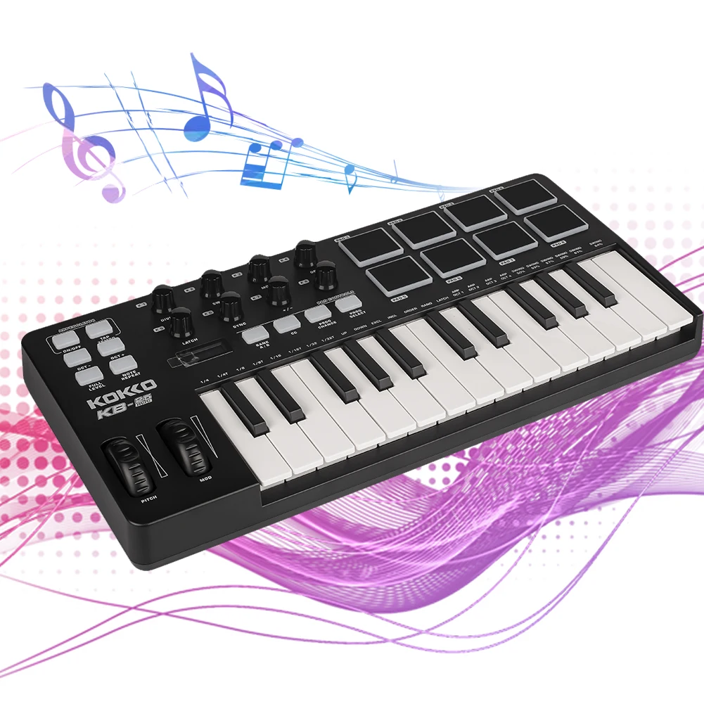 25-Key MIDI Control Keyboard with Velocity Sensitive Keys Mini USB Keyboard 8 Knobs Portable Music Keyboard for Music Production