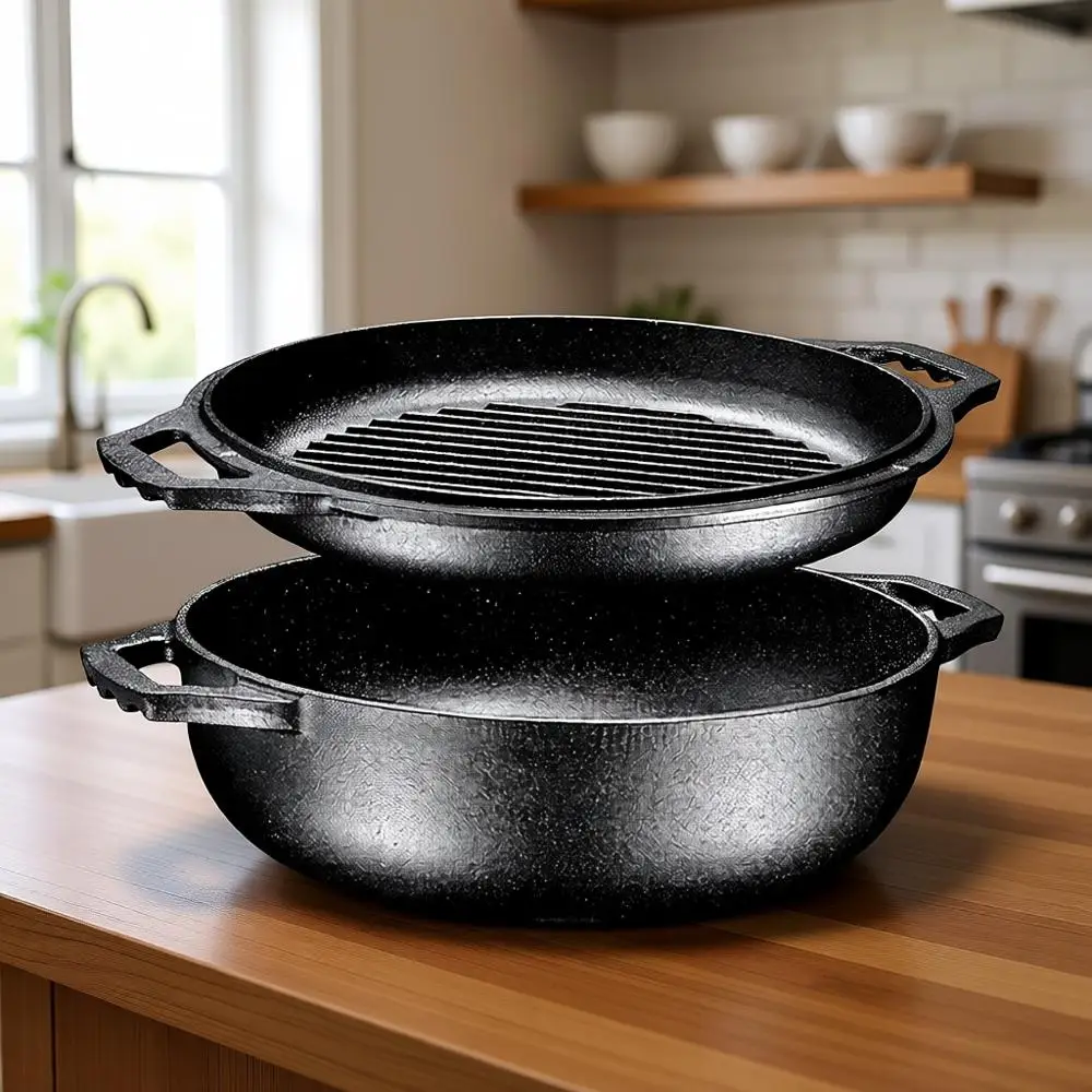 

Чугунная эмалированная кастрюля-гриль 2-в-1 с крышкой, 3,3 литра, с антипригарным покрытием, с широкой ручкой (серая)