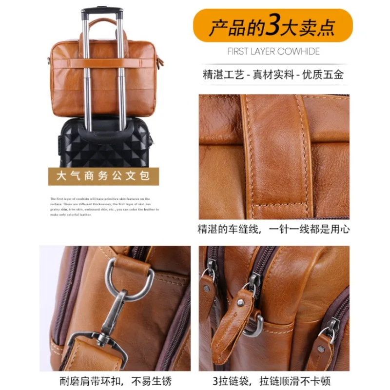 Vintage 17 นิ้วแล็ปท็อปธุรกิจกระเป๋าถือของแท้หนังผู้ชายกระเป๋าเอกสาร Cowhide ขนาดใหญ่ Messenger ไหล่ Crossbody กระเป๋า