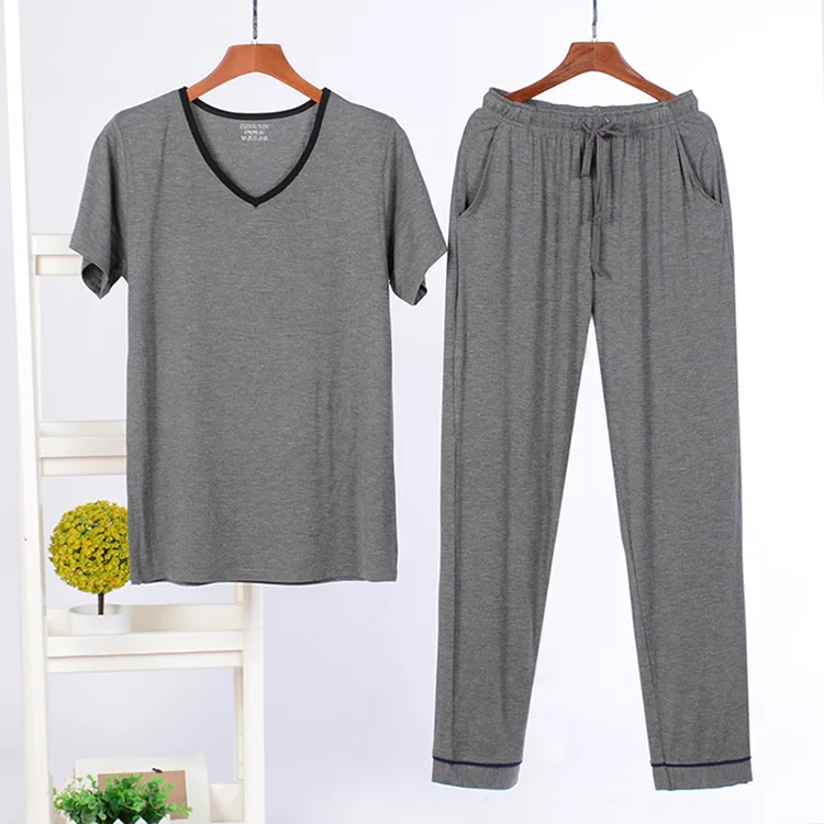 L-4XL Pyjamas Homme Casual V Neck Short Sleeve Shirt Pant Set Spring Summer Pajamas Men Plus Size Sleepwear Home Clothes Man