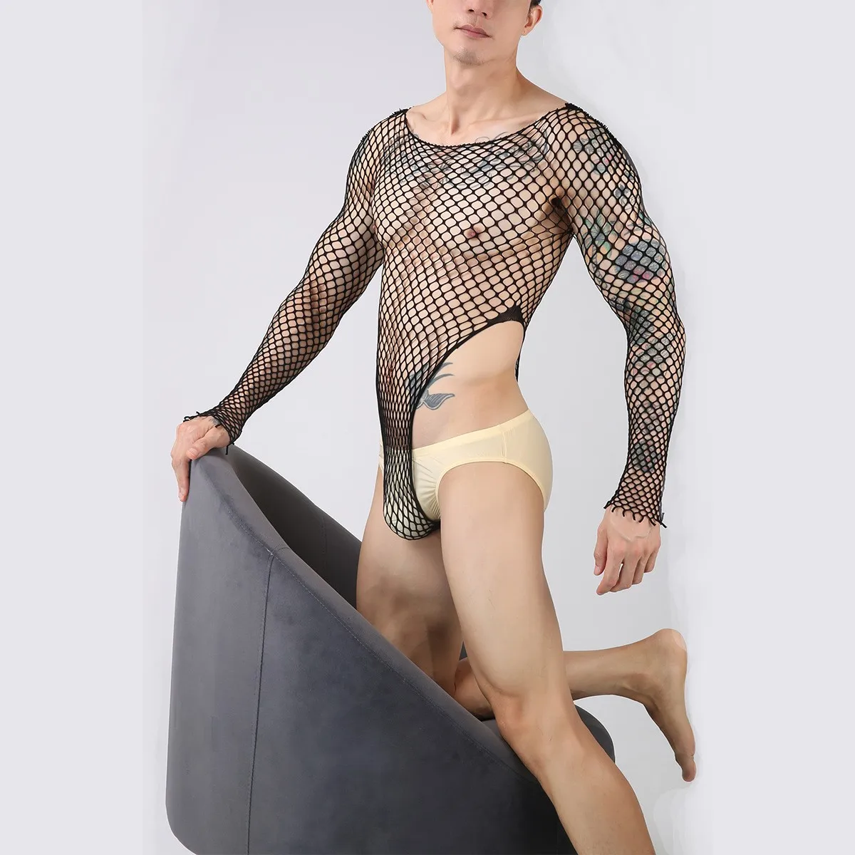 الرجال مثير شبكة صيد السمك ارتداءها 90 كجم يمكن ارتداؤها جولة الرقبة طويلة الأكمام الجوف خارج مغر البرية المثيرة الملابس الداخلية للذكور الكبار