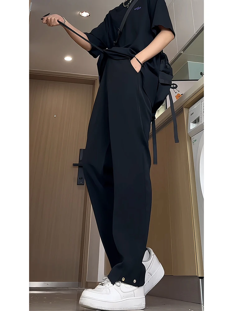 

Slimming Design Men's Casual Pants High Waist Long Trousers Youthful Energy Sle Water Waed Decorative Stitching Straight Leg