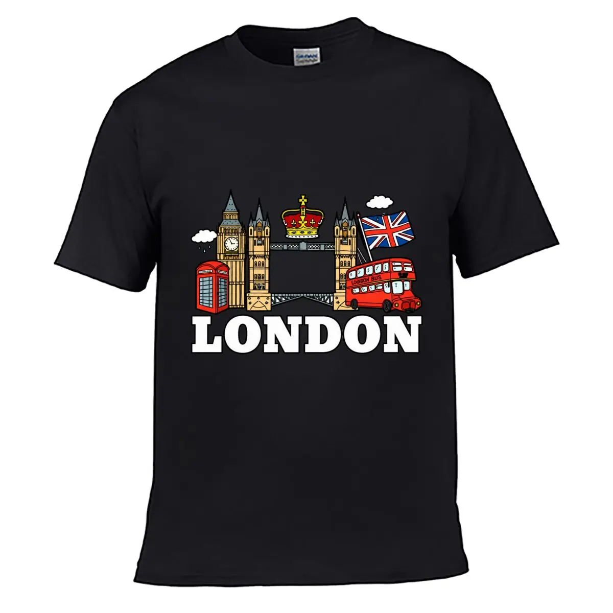 London Big Ben Tower Bridge Crown Union Jack Double Decker Bus Graphic Men Summer T-shirt Top