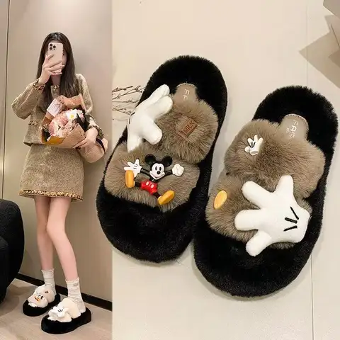 2026 autumn winter new Mickey Mouse lovely Comfortable real photos couple girl women fashion fur warm cotton shoes slippers