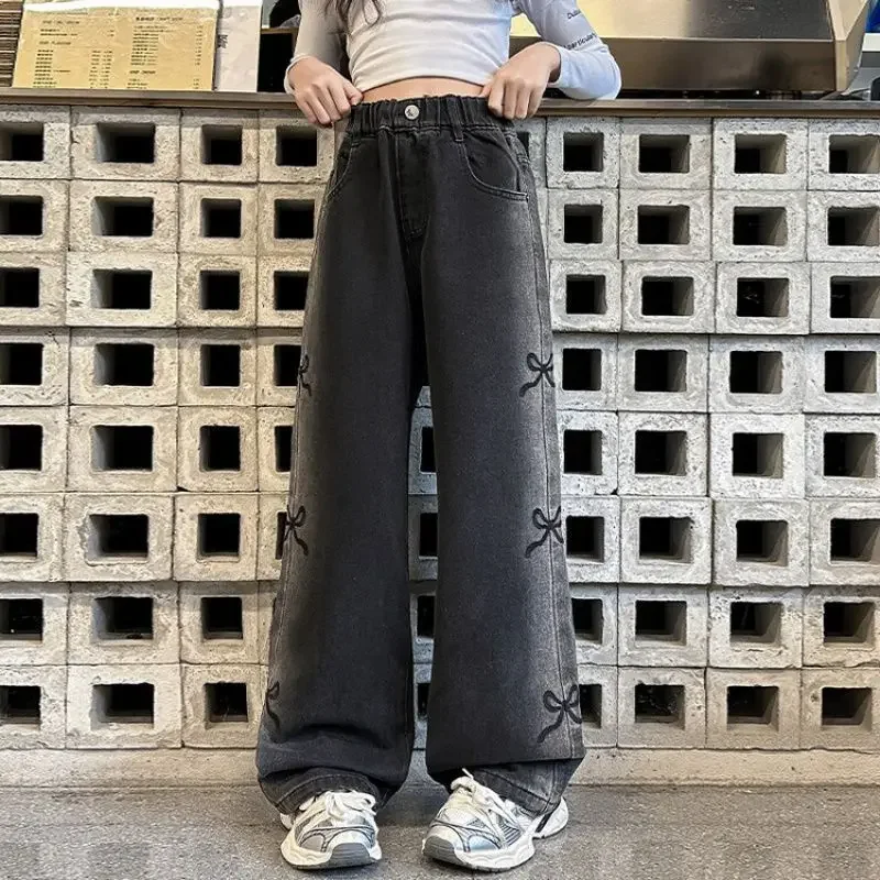 Teen Girls Fashion Bow Print Jeans Wide Leg Denim Pants Korean Style High Waist Kids Teenager Streetwear Long Trousers 5-14Y