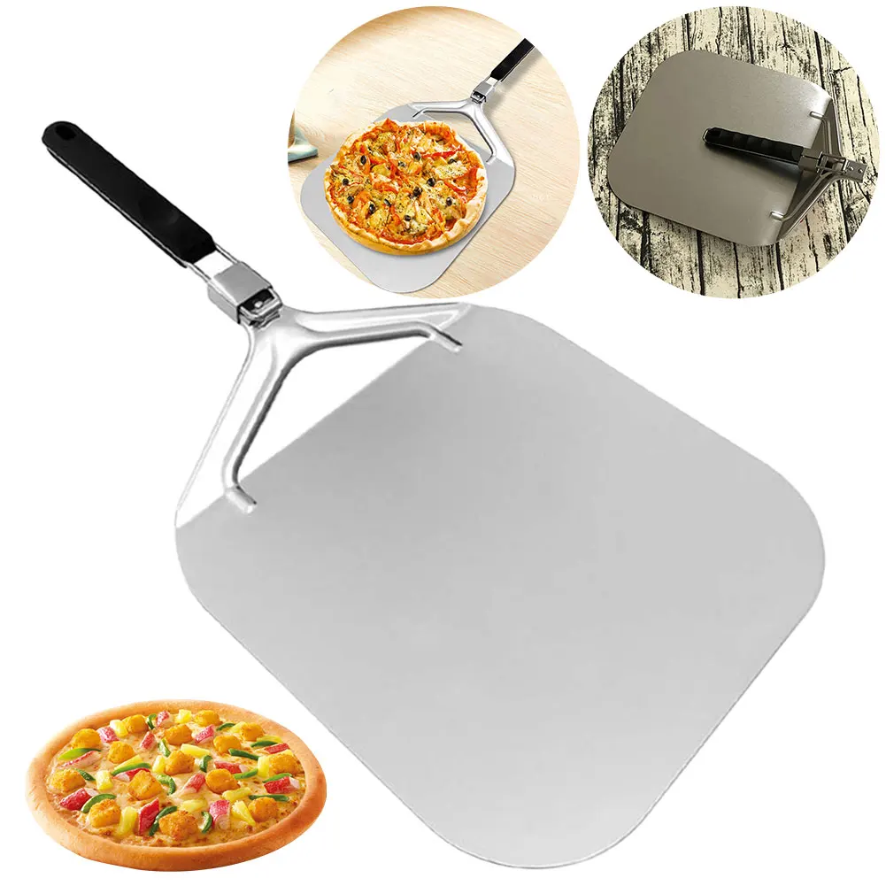 Stainless Steel Rectangular Pizza Shovel with Foldable Handle Perforated Pizza Paddle Non-Stick Multi-function for Pizza Bread