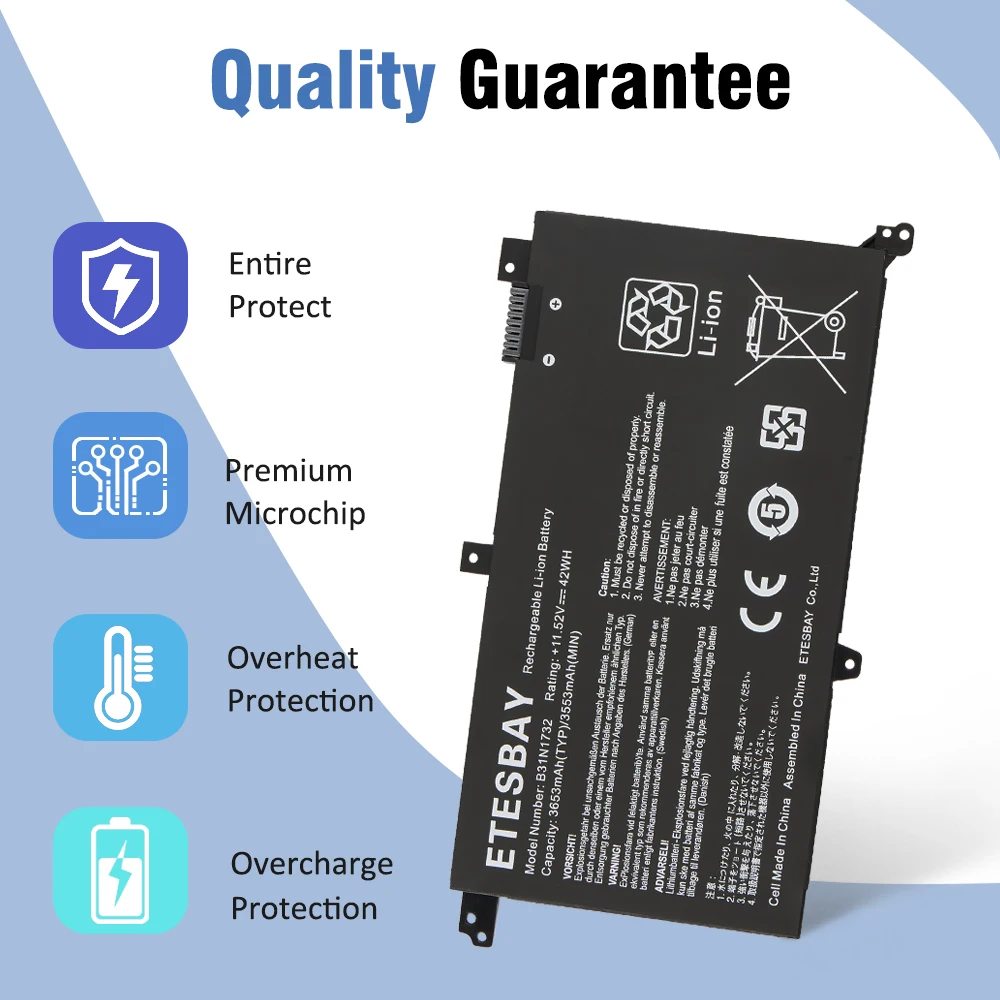 ETESBAY B31N1732  42WH Laptop Battery For Asus Vivobook S14 S430FA-EB021T S430UA-EB015T/Mars15 Series 0B200-02960400 3ICP5/57/81