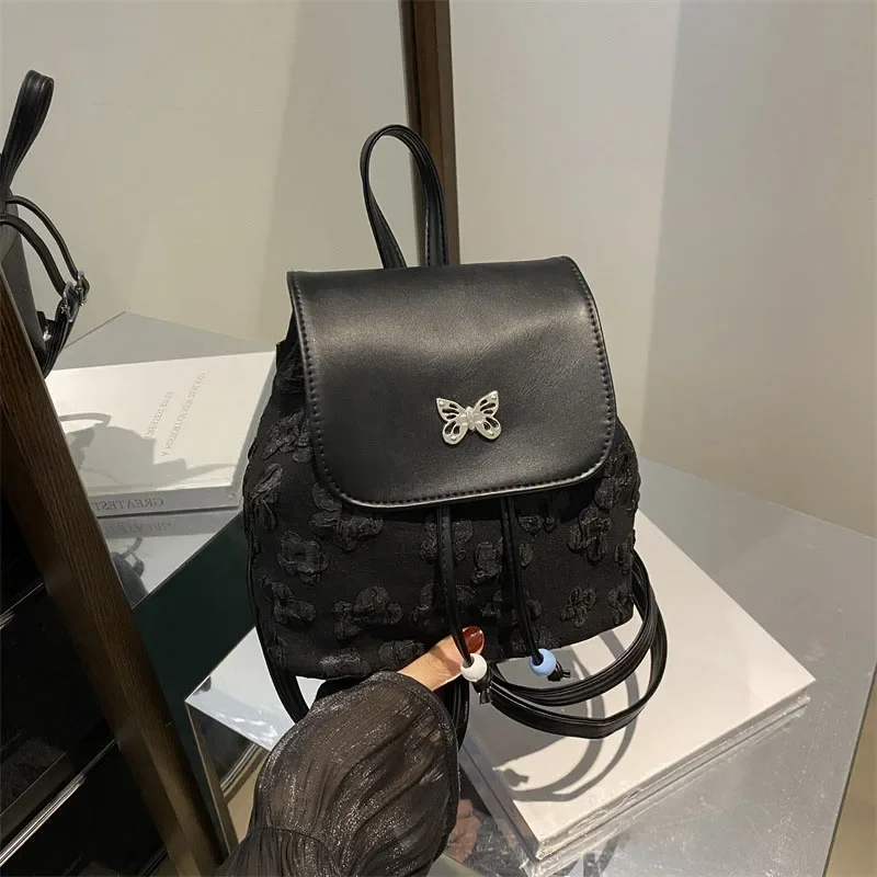 Butterfly Printed Womem Backpack New Retro Fashion Korean Version Versatile PU Leather Bag Large Capacity Backpack Top-handle