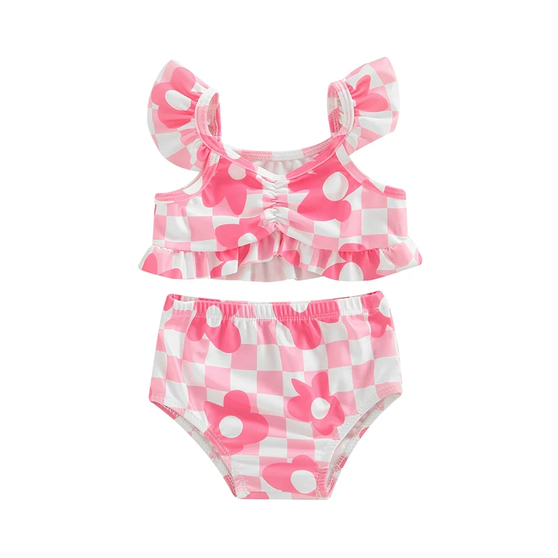 0-3y  Infant Baby Girls Bikini Plaid Flower Fly Sleeve Camisole with Briefs Bathing Swimsuit