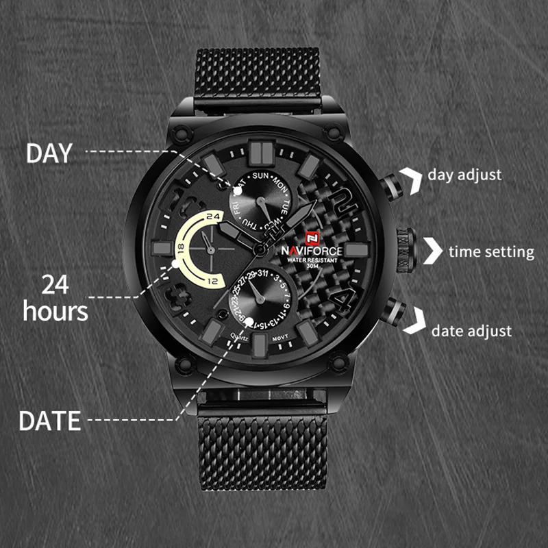 NAVIFORCE Black Luxury Men Watch Fashion Military Sport Man Watches Waterproof Wristwatch Male Creative Clock Masculino Relogio