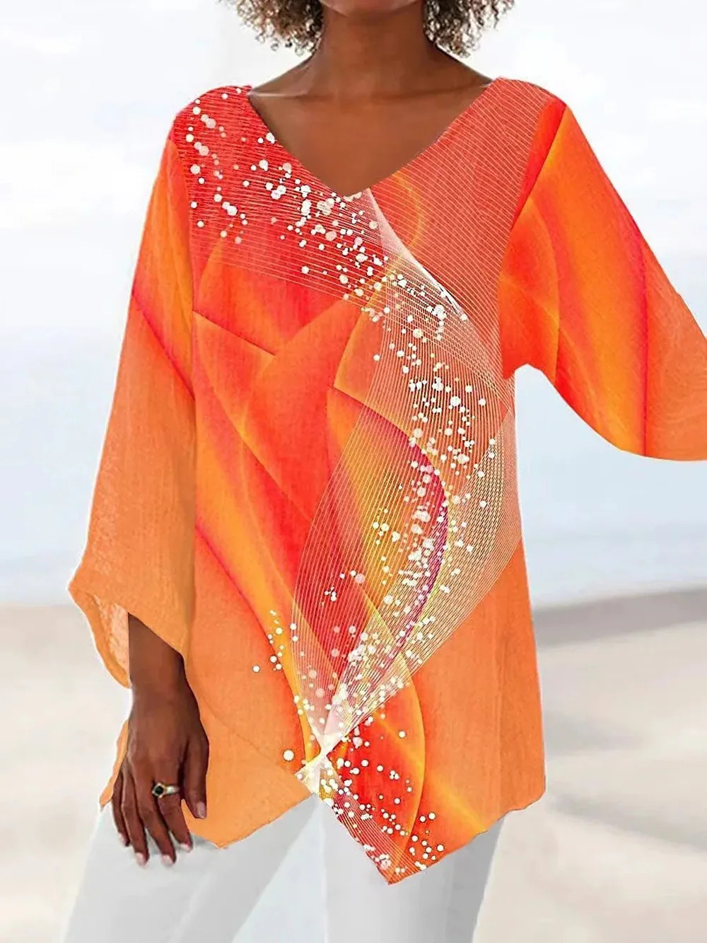 T-shirt for Women 2023 Fall New Fashion Loose Sequins Star Print Long-sleeved V-neck Blouse