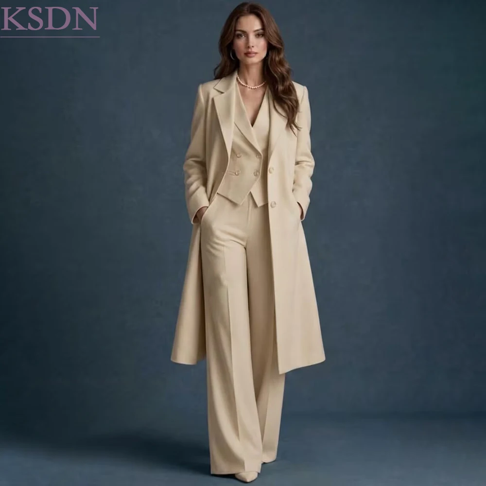 Solid Color Women's Maxi Suits Formal Business Oversized Coat Elegant Business Single Breasted 3 Piece Maxi Blazer Vest Pants