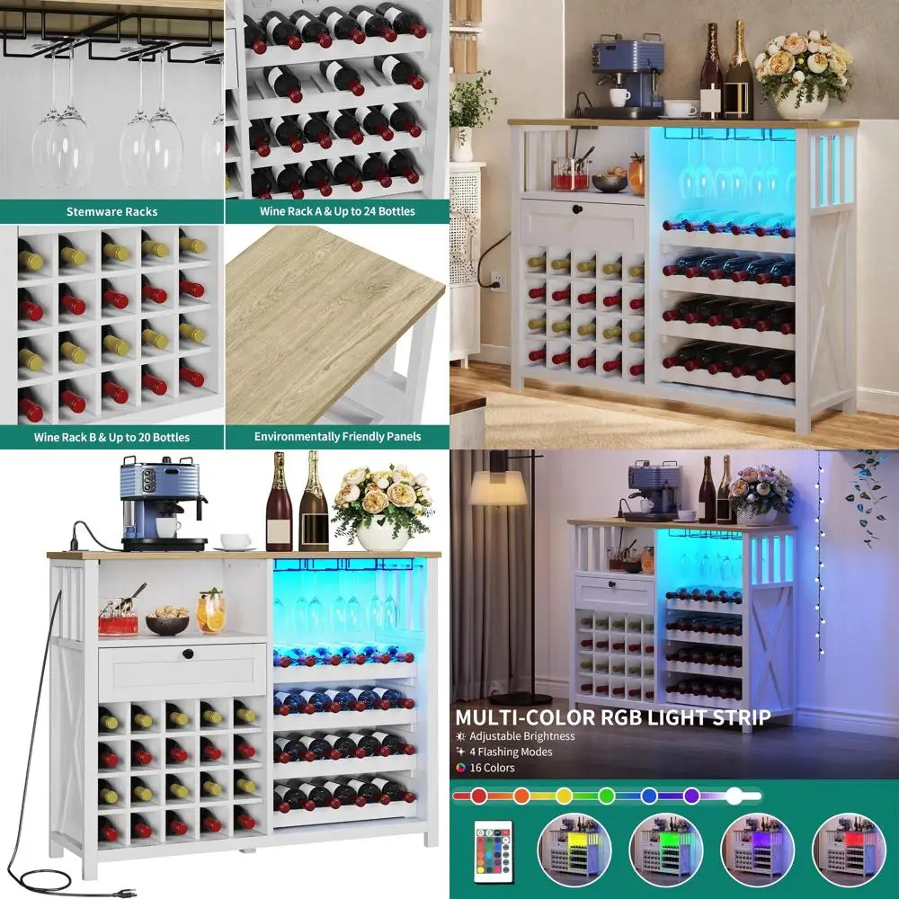 

Illuminated Wine & Glass Storage Cabinet, Espresso Buffet with Shelving, White Dining Room Liquor Cabinet