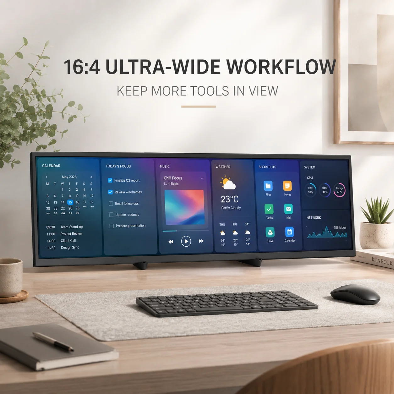 LESOWN 14.1 inch Long Portable Monitor 4K Ultra Wide Touch Screen Capacitive USB C HDMI IPS Laptop PC External LCD Monitor